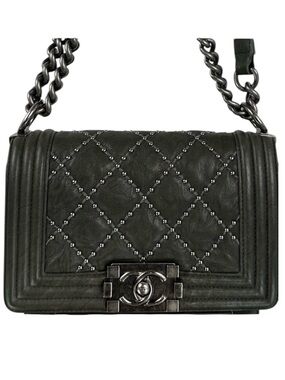 CHANEL Boy Mini Chain Bag  Studded Quilted Calfskin  Ruthenium HW  Series 24